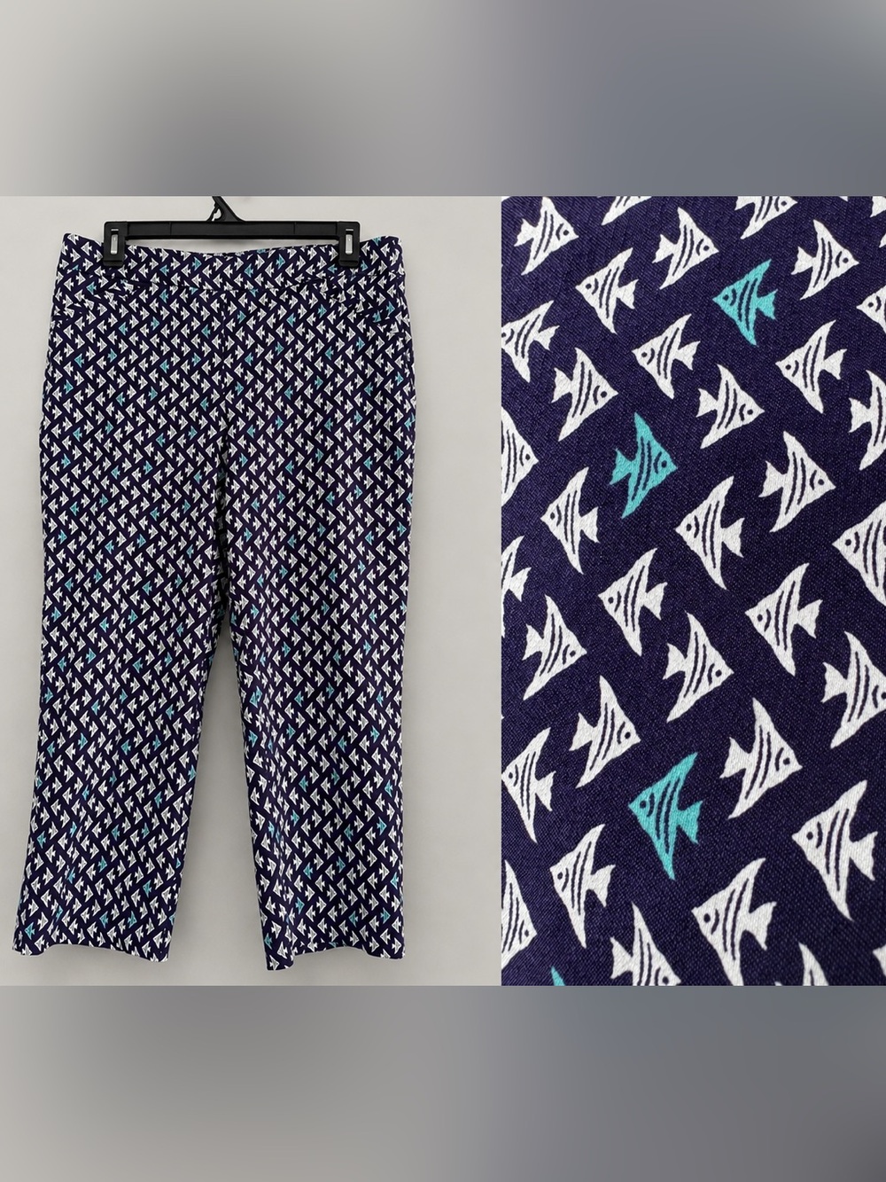 Briggs Women’s Pull On Pants Size 10 Navy Fish Print Crop Stretch Rayon Marine